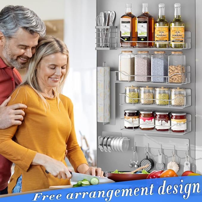Magnetic Spice Rack for Refrigerator,8 Pack Magnetic Fridge Shelf, Moveable Spice Organizer with Hook Rack, Paper Towel Holder, Utensil Holder,cup lid holder, Super Magnetic Rack Set (Grey) - Image 5