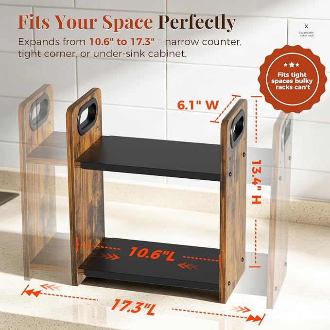 2-Tier Expandable Spice Rack Organizer for Countertop, 10.6"-17.3" | Metal & Wood ,Adjustable Height Spice Racks Shelf for Counter Cabinet Coffee Station, Space-saving Kitchen Storage Shelves - Image 2