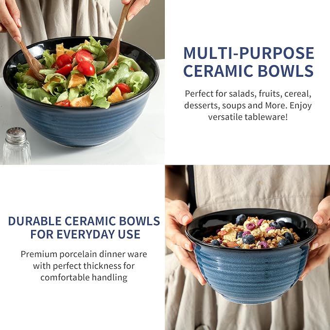 HASENSE Mixing Bowls, Ceramic Serving Bowls Set for Cooking, Baking, Prepping, Large Nesting Bowls for Salads, Fruit, Popcorn, 2.1/1.5/1.0 Qt, Dishwasher & Microwave Safe, Blue - Image 3
