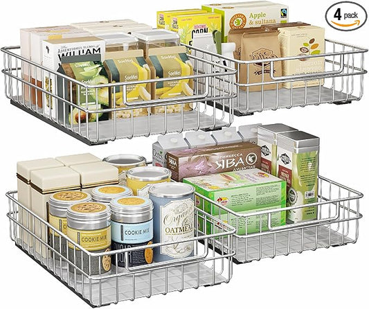 Pull out Cabinet Organizer, Stainless Steel 4-Pack Slide out Drawer with Silent Full-Extension Slides, Adhesive Roll out Can Spice Storage Basket Shelf Rack for Pantry, Kitchen, Bathroom, Home Closet by Kitstorack