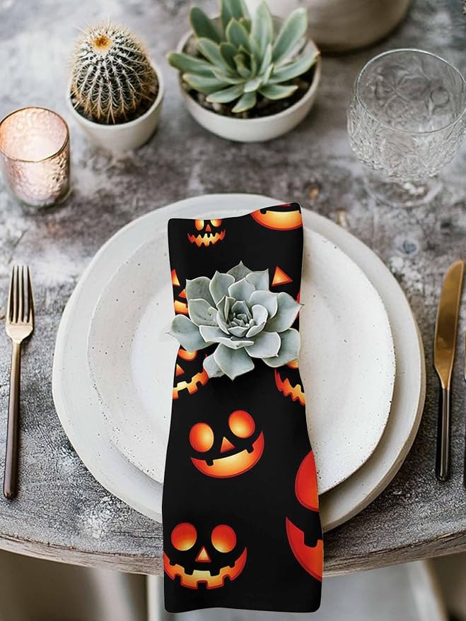 Halloween Cloth Napkins Set of 8 - Washable Dinner Napkins Reusable Table Napkins for Home Party Weeding Dining Table Setting Decoration,Black Orange Horro Skull Pumpkins Fall Holiday Oversized - Image 3