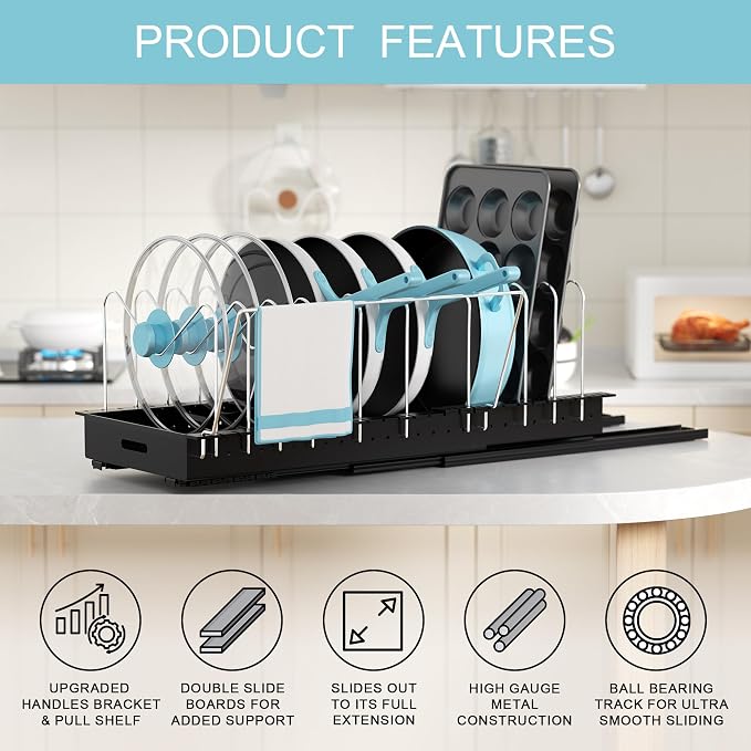 Pots and Pans Organizer Under Cabinet - 22" Deep Expandable | Pot Organizers inside Cabinet with 10 Adjustable Dividers & Handrail, No Drill Pot Lid Holder, Sliding Pot Lid Holder, 1 Pack - Image 4