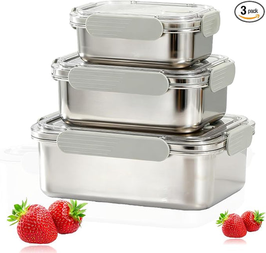 Stainless Steel Food Storage Containers, Silver, Combo | Leak-Proof Latching Lid, Reusable Bento Lunch Box, Oven/Dishwasher/Freezer Safe, 22/44/82oz by HOMMIYA