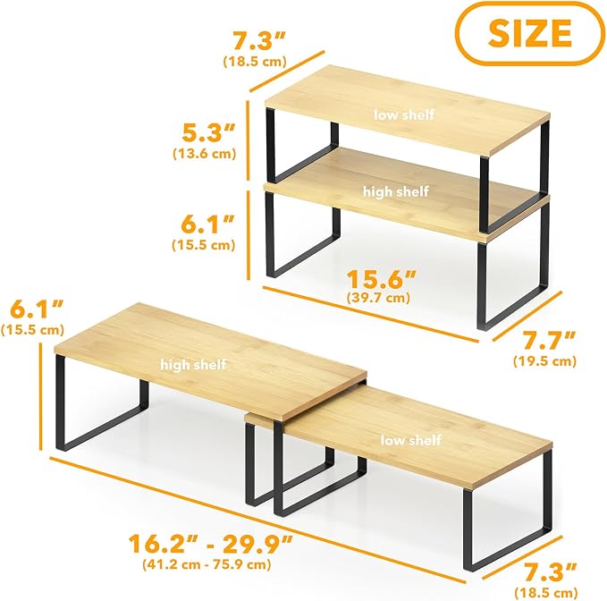 SpaceAid Cabinet Shelf Organizers 8 Pack, Kitchen Counter Rack Shelves Riser, Stackable Expandable Spice Rack, Pantry Cupboard Storage Organization (Black and Natural, Long) - Image 2