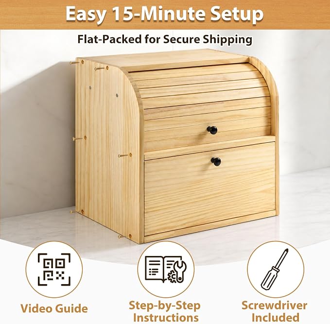 Sunhoo Wooden Bread Box for Kitchen Countertop, Roll Top Breadbox, Natural | Large Double Layer Pantry Container, Solid Wood with Cutting Board, Fresh Homemade Sourdough Bin Cabinet, Vintage Farmhouse - Image 4