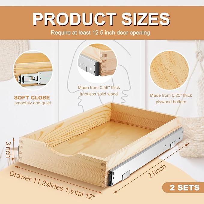 2 Set Wooden Pull out Cabinet Organizer Fully Assembled Slide out Pantry Drawer with Gentle Close Storage Shelf Tray for Base Kitchen Under Sink Bathroom Accessory(Wood Color,12'' X 21'' X 3") - Image 3