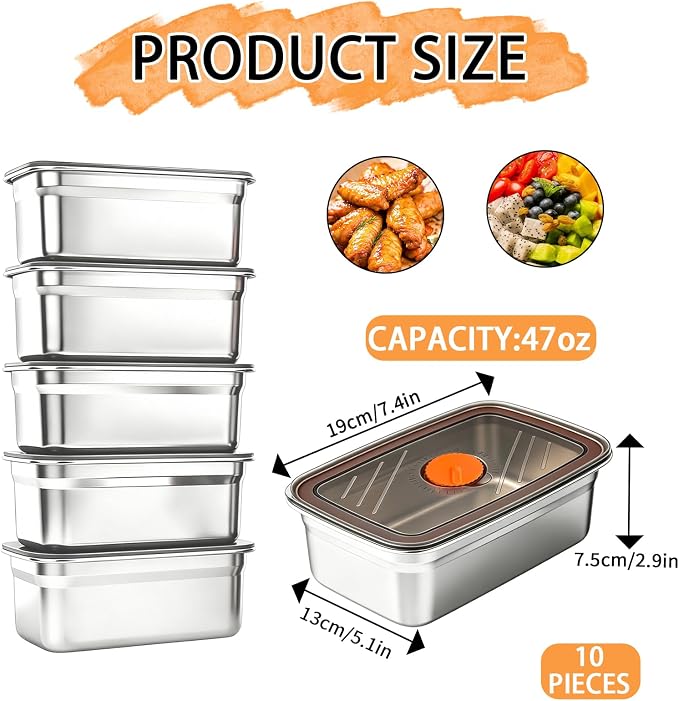 10 Pack 47oz Stainless Steel Food Storage Containers with Lids | BPA Free Leak Proof Metal Meal Prep Reusable Lunch Bento Boxes Women Kids for Gym, Picnic, Office, Outside, Dishwasher Safe - Image 2