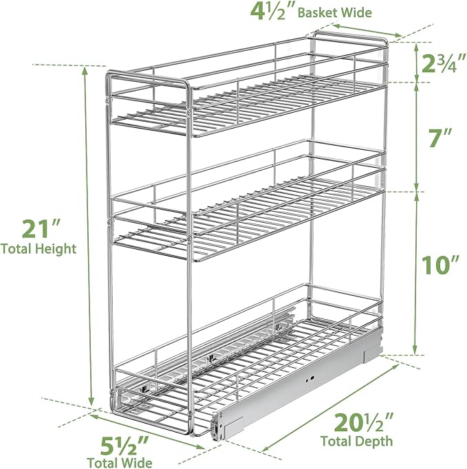 Pull Out Spice Rack Cabinet Organizer 5½" W x 20½" D, 3 Tier Heavy Duty Sliding Spice Cabinet Organization for Narrow Cabinet, Pull Out Shelves for Kitchen - Image 3