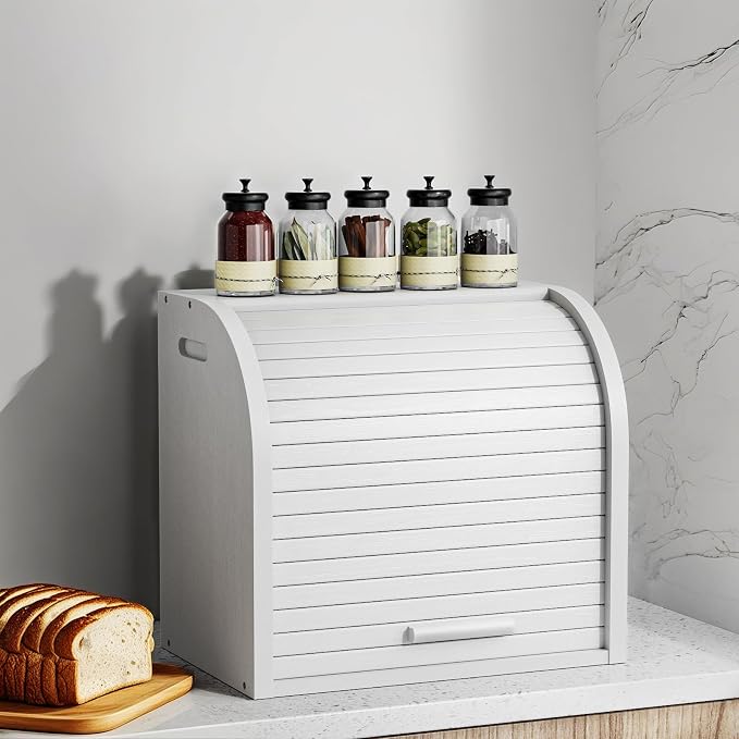 G.a HOMEFAVOR 2-Tier Bamboo Bread Box for Kitchen Counter, White | Large Roll Top Bread Storage Container, Bread Holder Food Bin for Countertop, Self-Assembly - Image 4