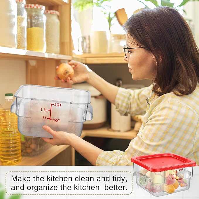 2 Pcs Square Food Storage Container Polycarbonate Clear Food Container with Lid Commercial Rice Storage with Graduations for Commercial Kitchen(2 Qt,Red) - Image 6