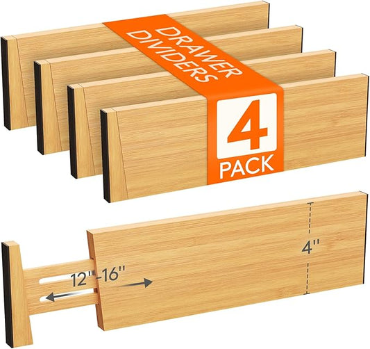 Lifewit 4" High 4 Pack Bamboo Drawer Dividers 31-40cm/12-16 Adjustable Wooden Drawer Organizer for Clothes/Utensils, Expandable Drawer Separator for Dresser/Kitchen/Bedroom/Office Organization by Lifewit