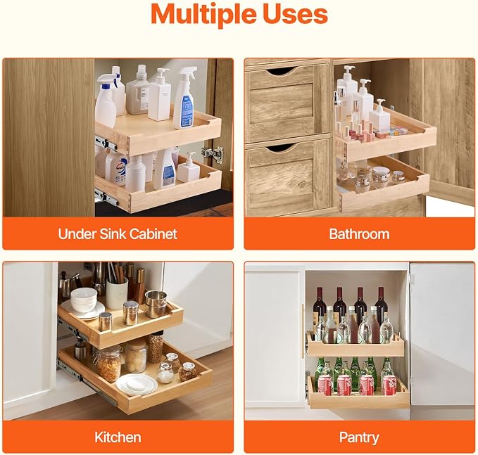 VEVOR 2 Tier Pull Out Cabinet Organizer, 20" W x 21" D Cabinet Drawer, Soft Close Slide out Shelf, Heavy-Duty Sliding Wood Drawer, Adjustable Base Cabinet Organization for Kitchen Pantry Bathroom - Image 6