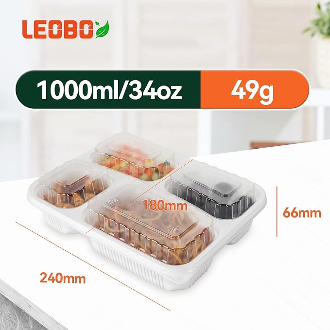 40 Pack 34oz 4-Compartment Bento Box - Shrink Wrapped No Pre-Wash | BPA Free Leak-Resistant Takeout Containers | Microwave Safe | Shatterproof Flexible PP To Go Box, Bulk Leftover Storage - Image 5