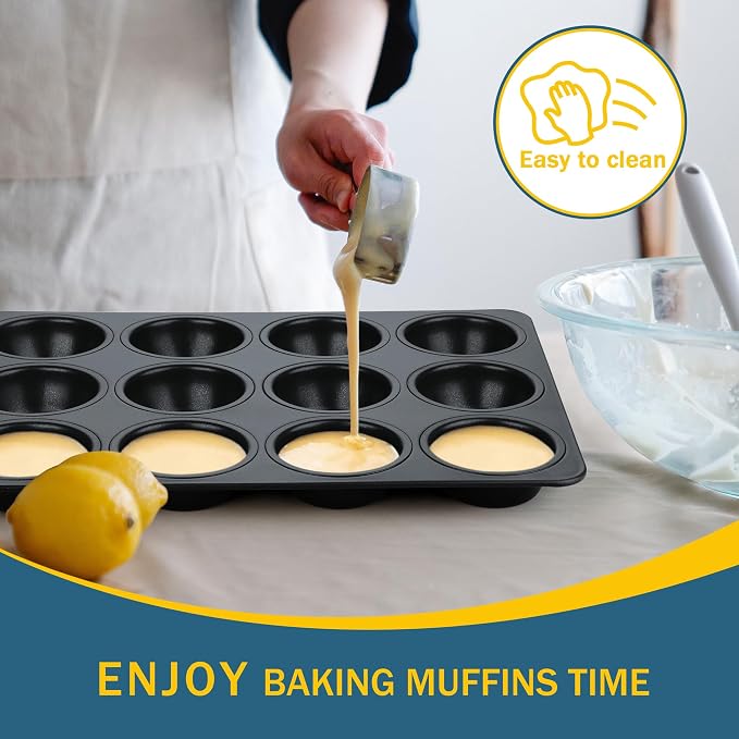 E-far Nonstick Muffin Pan 12 Cups Set of 2, Stainless Steel Muffin Tin Cupcake Pan Tray for Baking, Stainless Steel Core & Non Toxic, Easy Release & Easy Clean, Black - Image 6