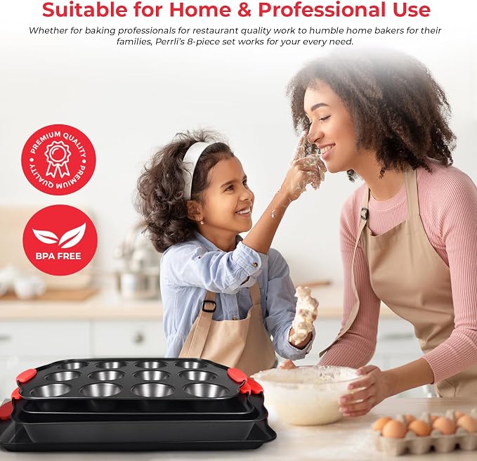 Non-Stick 8-Piece Baking Pan Set, BPA-Free Carbon Steel Bakeware Set with Silicone Handles, Stackable Kitchen Oven Set, Cookie Sheet, Baking Tray, Baking Sheet Set, Oven Safe (446°F) - Image 5