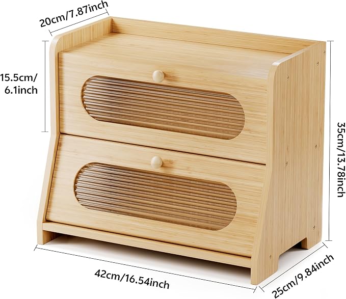 Bread Box,Extra Large 2-Tier Bamboo Bread Box for Kitchen Countertop,Bread Storage Container with Magnetic Acrylic Door for Homemade Bread,Under Cabinet,Pantry Organizer(Natural) - Image 3