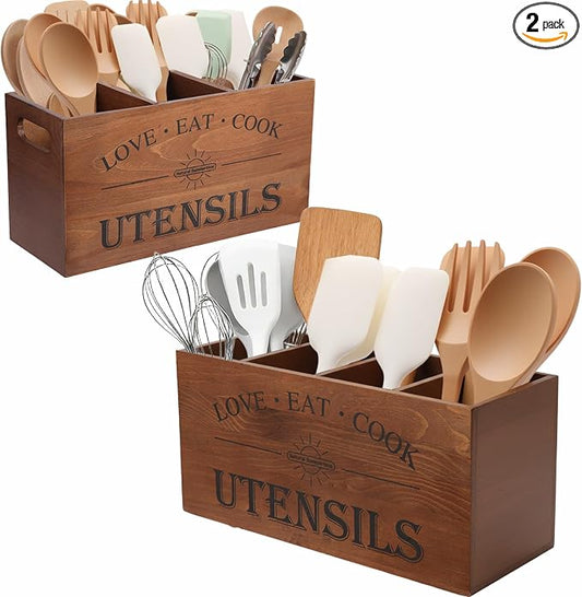2 PC Wooden Utensil Holder,（With 4-Compartments size*1 + 3-Compartments size*1） Extra Large Kitchen Counter,Cooking Spatula Organizer,Farmhouse Decor, Rustic Cooking Utensil by Unknown