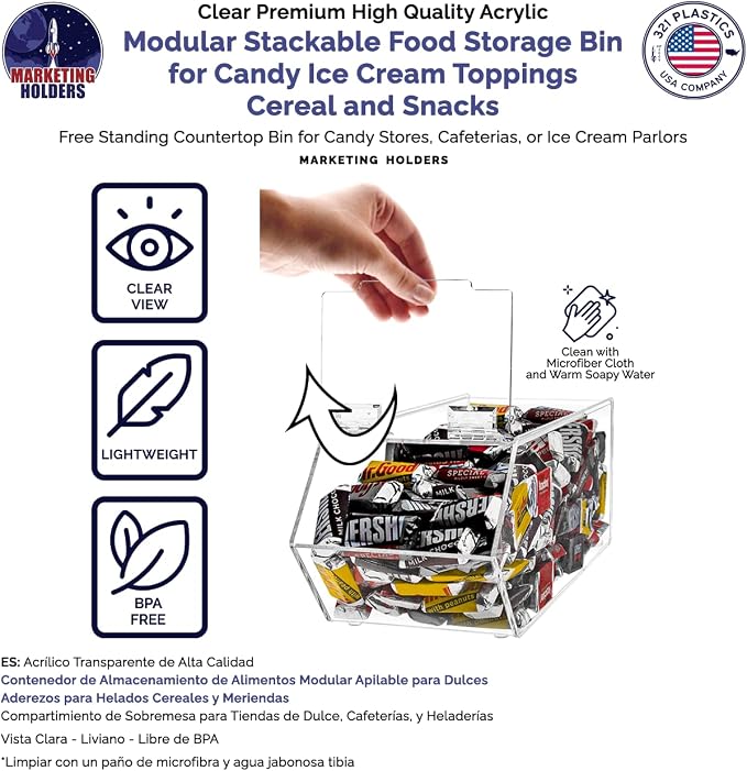 Marketing Holders Food Storage Bin with Hinged Lid for Ice Cream Toppings 5" x 13" Candies Nuts Granola Cereal and Snacks No Assembly Clear Acrylic Caddy - Image 6