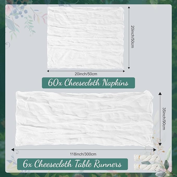 60PCS Ivory White Cheesecloth Napkins and 6PCS Table Runners Set, 19.69x19.69inch Rustic Wedding Napkins and 35x118inch Gauze Table Runner for Wedding Party Boho Table Decor - Image 2