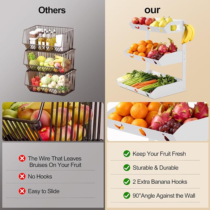 GOENDR Fruit Basket for Kitchen Counter – 3 Tier Metal Fruit Bowl with Banana Hanger, Convertible to 2 Tier, Large Capacity Countertop Organizer for Fruit Vegetables Bread Snack Produce Storage - Image 3