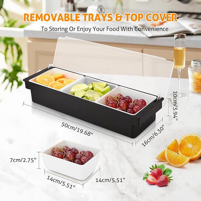 WICHEMI Fruit, Veggie & Condiment Caddy with Lid Dispenser Tray Plastic Garnish Station for Bartending & Serving Taco, Ice Cream, Salad Bar - Topping Organizer for Restaurant Supplies (5 Compartment+3 - Image 2