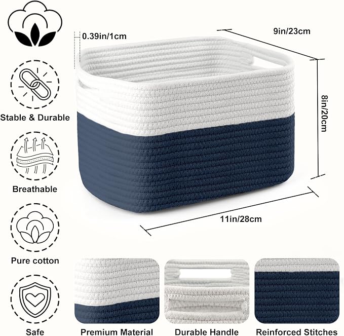 4 Pack Storage Baskets for Organizing, 11''Lx9''Wx8''H Woven Baskets for Storage Toys, Towels, Books, and Clothes, Cotton Rope Basket for Shelves with Handle - Image 2