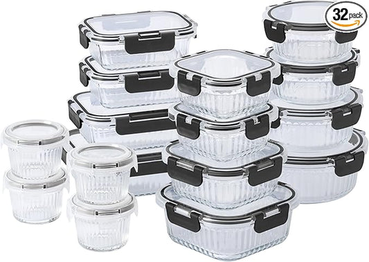 COOK WITH COLOR Premium 32-Pc. Borosilicate Glass Food Container Set with Dividers - 4 Rectangles, 8 Rounds, 4 Squares - Leakproof Lids - Meal Prep, Storage, Fluted Ombre Black by CookwithColor