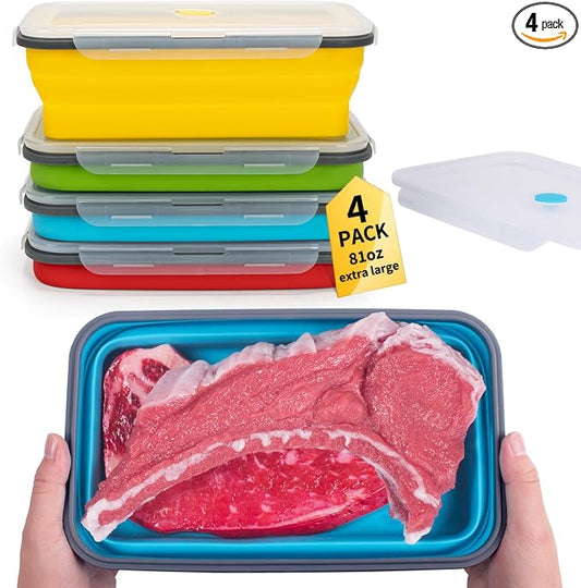 Extra Large Collapsible Food Storage Containers with Lid & Air Vent, 81 oz, 4 Pack, XXL Collapsible Marinade Container BBQ Prep Foldable Silicone Containers, Microwave Freezer Dishwasher Safe by Annaklin