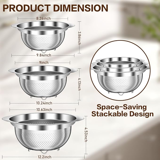 Stainless Steel Colander for Kitchen, Stainless Steel Strainer, Pasta Strainer for Spaghetti Fruit Cooking Food, 3 Pcs Strainers and Colanders(2QT, 3QT, 5QT), Dishwasher Safe, Kitchen Present - Image 2