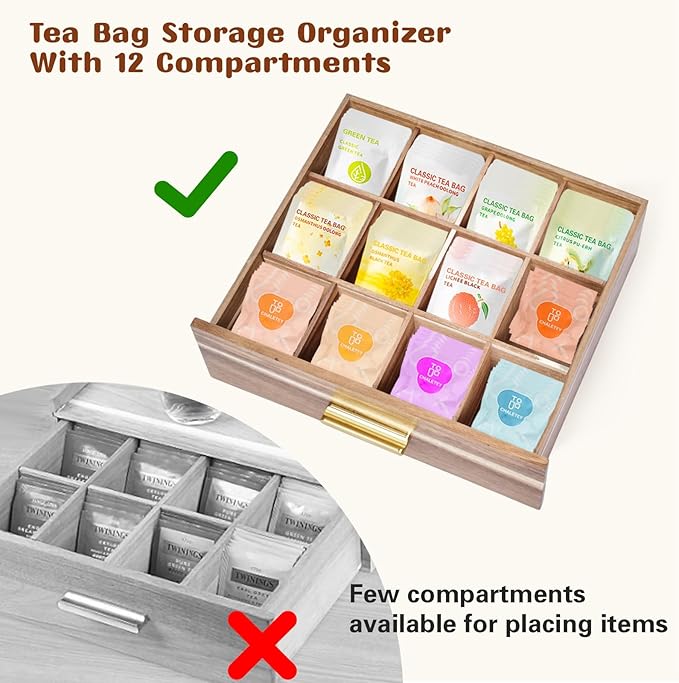 NANXITU Acacia Wood Tea Holder Organizer, Tea Box Organizer Storage Box | Tea Caddy for Tea Bags Organizer Drawer, with12 Compartments Multi-Functional Tea Station Chest for Countertop - Image 4