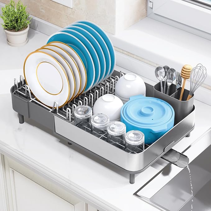 Urackify Stainless Steel Dish Drying Rack for Kitchen Counter,Grey | Extends to 20.67'',Expandable & Foldable,Rust-Resistant,Rotatable Drain Pipe & Utensil Holder,Dish Drainer For 2-4 People - Image 2