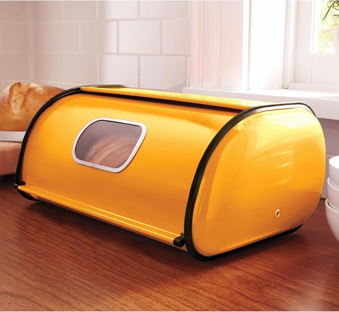 Window Breadbox for Kitchen Countertop, Gold Honey | Countertop bread box with clear viewing window, rear air vents, and durable metal construction bread and baked goods storage by MontgomeryWard