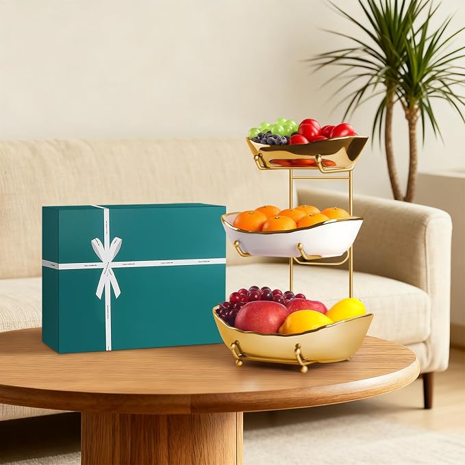 Fruit Bowl for Kitchen Counter,3 Tier Ceramic Fruit Basket with Metal Stand, Tiered Fruit Rack for Countertop, Modern Multi Serving Bowl for Party Dessert, Vegetable, Snack (Gold-White) - Image 4