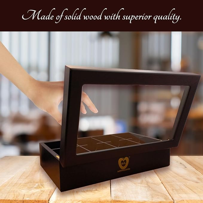 BJOYFUL&LOVED Wooden Tea Box with Glass Lid, 8-Compartment, Black Color | Removable Dividers Customize Storage for Tea Bags, Sugar Packets, Coffee Capsules, Jewelry, Watches and Small Accessories - Image 2