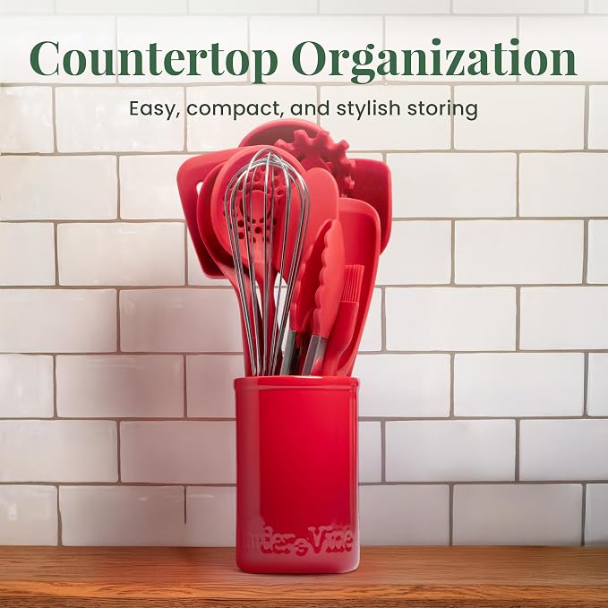 Larder & Vine 12-Piece Silicone Kitchen Cooking Utensils Set with Stainless Steel Handle and Ceramic Holder, Dishwasher Safe Set of Kitchen Essentials (Cabernet) - Image 6