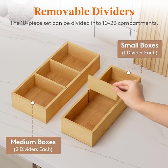 Lifewit Drawer Organizers 10 Pack(22 Grid) with 12 Inserts | Adjustable Bamboo Wooden Trays for Utensils, Silverware, Makeup, Kitchen, Bathroom, Office, Vanity Storage - Image 4