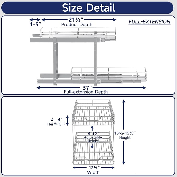 2-Tier Pull Out Cabinet Organizer, 12.5" W x 21.5" D, Heavy Duty Dual Slide Out Shelves for Narrow Base Cabinets, Chrome Wire Basket Drawer for Spices, Bottles & Snacks - Image 2