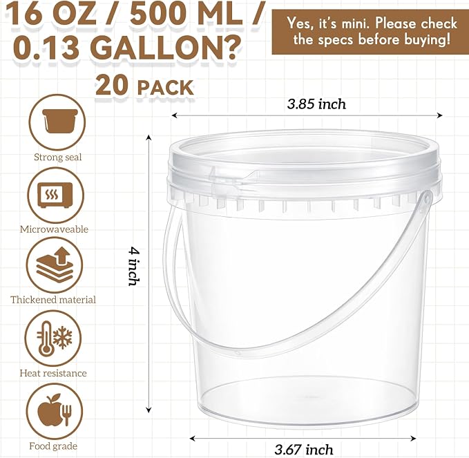 20 Pack 16 oz /500 ml Clear Plastic Bucket with Handle and Lids Food Storage Containers Freeze Safe Ice Cream Tubs for Deli Kitchen Drinks Home - Image 2