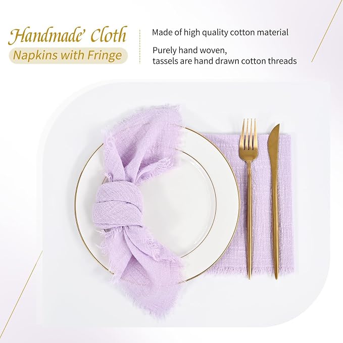60 Pack Lavender Napkins Cotton Linen Napkin 16 x 16 Inch Handmade with Fringe Soft Lilac Napkins Cloth Washable Rustic Dinner Napkin Cloth for Wedding Party Dinner Table - Image 5