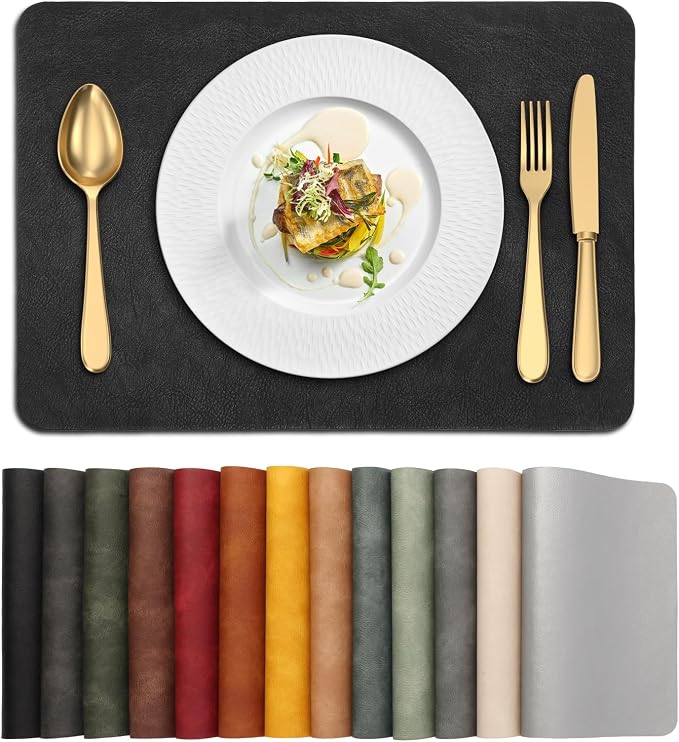 UnivoColors Placemats,Heat Resistant Placemats Set of 8 Washable 12x17 Inch,Waterproof Table Mats,Wipeable Pu Place Mats for Kitchen,Dining Room.Black. by UnivoColors