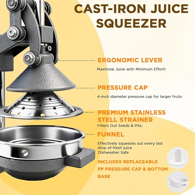 Manual Lemon Juicer Squeezer – Hand Juicer Cast Iron | Heavy Duty Commercial-grade Hand Press, Orange Citrus Squeezer, Citrus Fruit Juicer -Stainless Steel,Easy to Clean Grey - Image 3