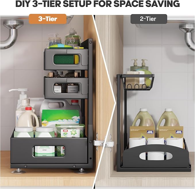 2 Pack Under Sink Organizer,Pull Out Cabinet Organizer with Smooth Cylindrical Rail,Metal Slide Out Drawer for Kitchen Bathroom Laundry Cabinet,8-Level Tool Free Height Adjustable-Black - Image 4