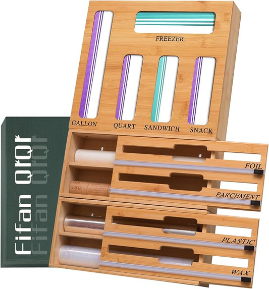 9 In 1 Storage Bag Organizer And Plastic Wrap Dispenser With Cutter, Bamboo Foil and Plastic Wrap Organizer by Unknown