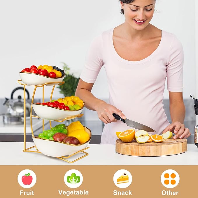 Fruit Bowl for Kitchen Counter, 3 Tier Fruit Basket for Counter, Ceramic Holder, Tiered Stand with Metal Stand, Detachable Rack for Fruit Vegetable Snack Dessert Storage (White) - Image 8