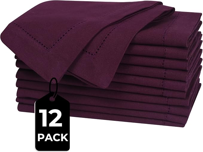 Bedding Craft Hemstitched Cotton Dinner Napkins Set of 12 – 18x18 Elegant Italian Plum – Machine Washable Soft Fabric Napkins for Weddings, Formal Dinners & Daily Dining - Image 2