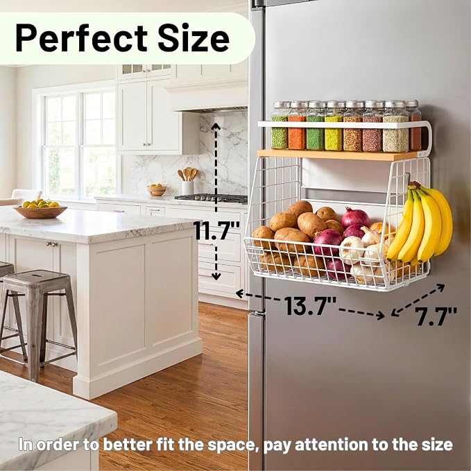 Magnetic Fridge Shelf with Wood Lid, Fruit Potato Onion Storage Bins, Pantry Organizers, Large Container Spice Rack for Refrigerator, Kitchen Counter, Cabinet (2, White) - Image 2