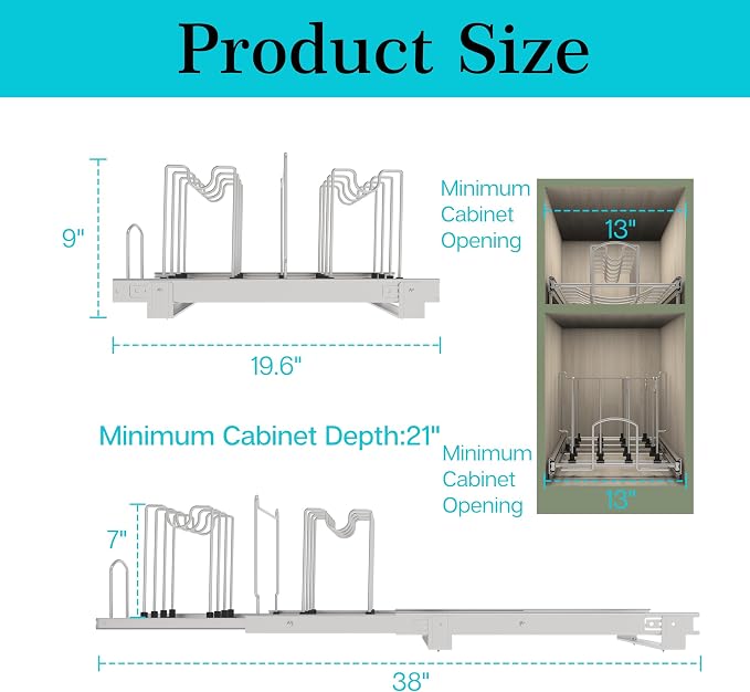Pots and Pans Pull Out Organizer Under Cabinet, Adjustable Slide Out Pan and Pot Lid Rack Holder, Wire Dividers Kitchen Organization And Storage, Full-Extension Rail 12" W X 20" D - Image 2