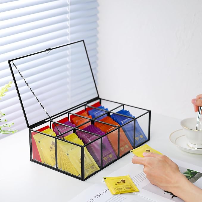 REDHUGO Glass Tea Bag Organizer, 8-Compartment Tea Storage Box, Black | Handmade glass tea bag box with lid and 8 compartments, keeps tea bags tidy for counters, kitchens and tea stations - Image 7