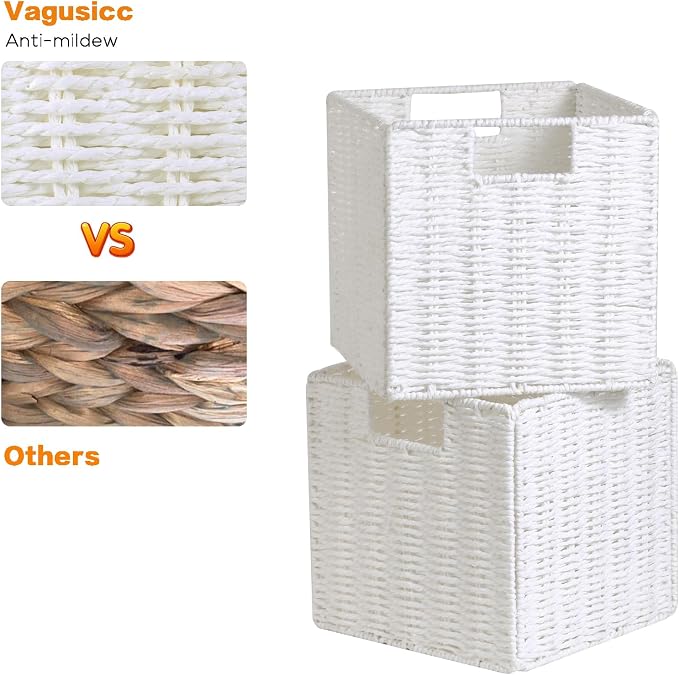 Wicker Storage Basket, Set of 2 Hand-Woven Wicker Baskets for Organizing, Foldable Cube Storage Basket Bins, 13 Inch Large Wicker Storage Baskets for Shelves & Decor, White (13''x13''x13'') - Image 2