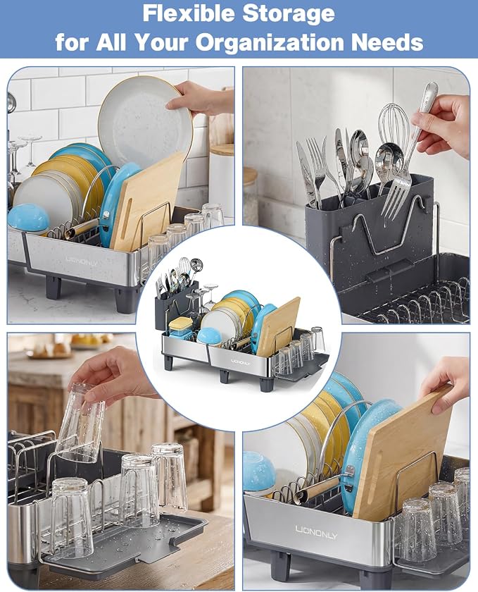 Dish Drying Rack, 304 Stainless Steel Expandable Dish Rack with Adjustable Drain Spout, Large Capacity Dish Drainer with Utensil Holder, Cup Holder and Cutting Board Rack for Kitchen Counter, Gray - Image 6